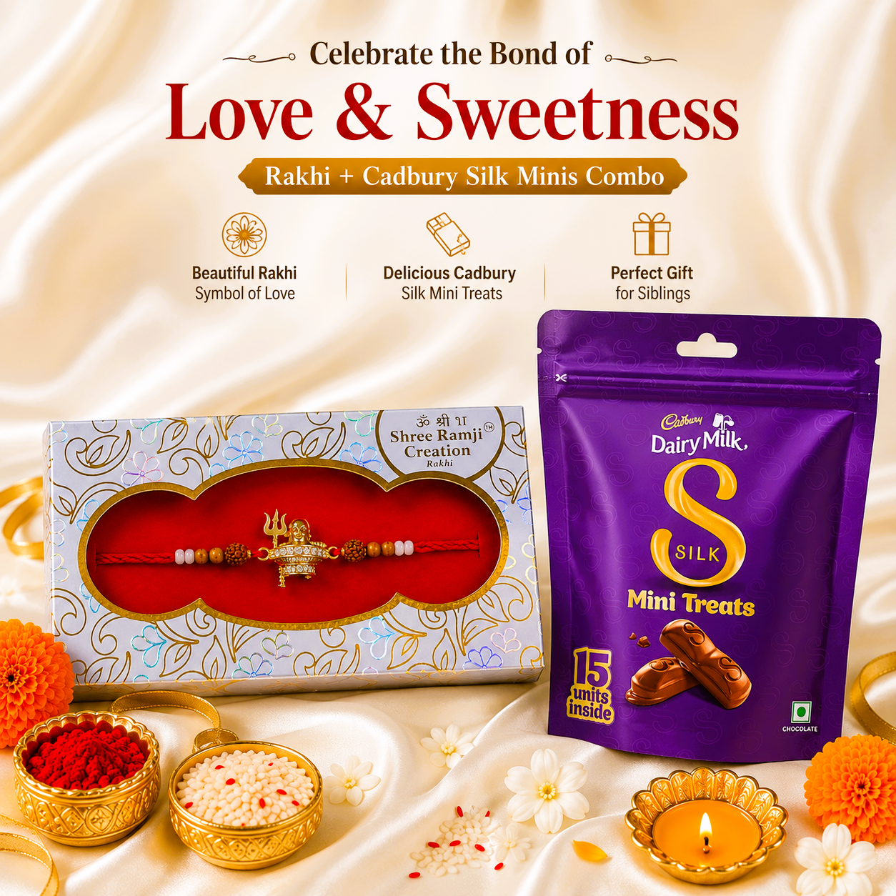 Premium Trishul Rakhi + Silk Minis Combo